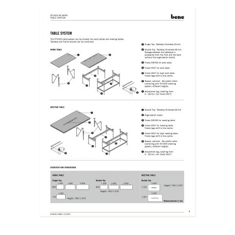 Studio Table Specification Sheet