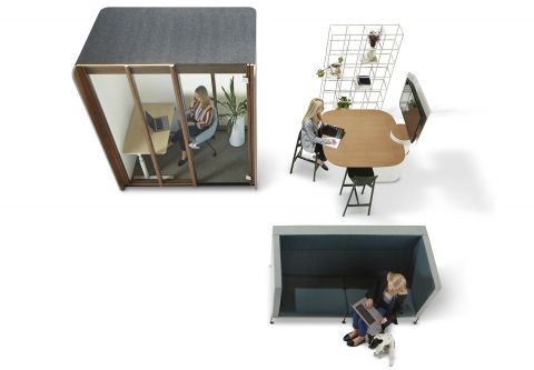 Focus Work Room, Krossi Workstation, Palomino Chair, Agile Table with Power Totem, Kayt Rest Sofa, Rib Stool and Vertical Garden
