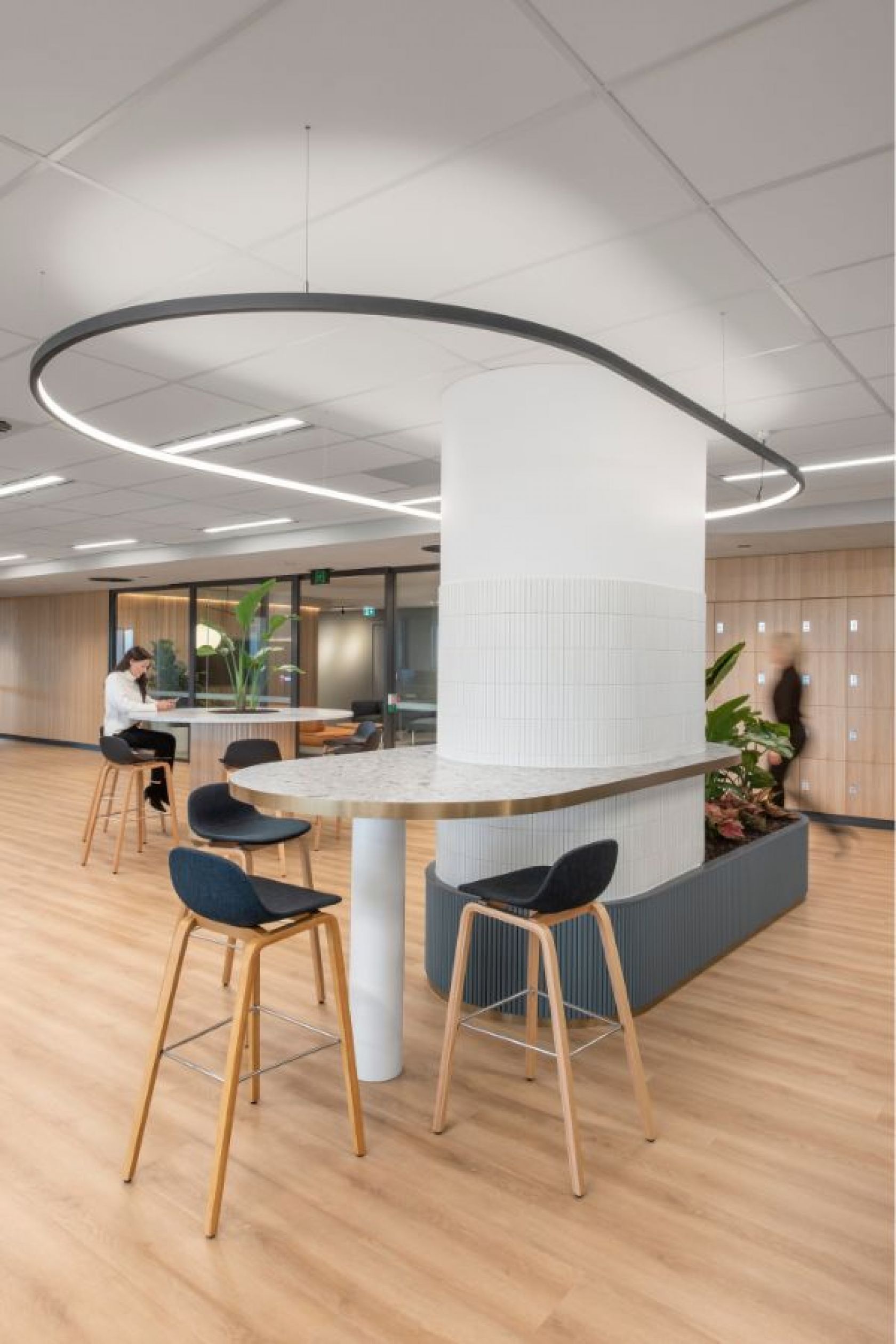 indoors, interior design, furniture, table, cafeteria, restaurant, person, foyer, floor, dining table